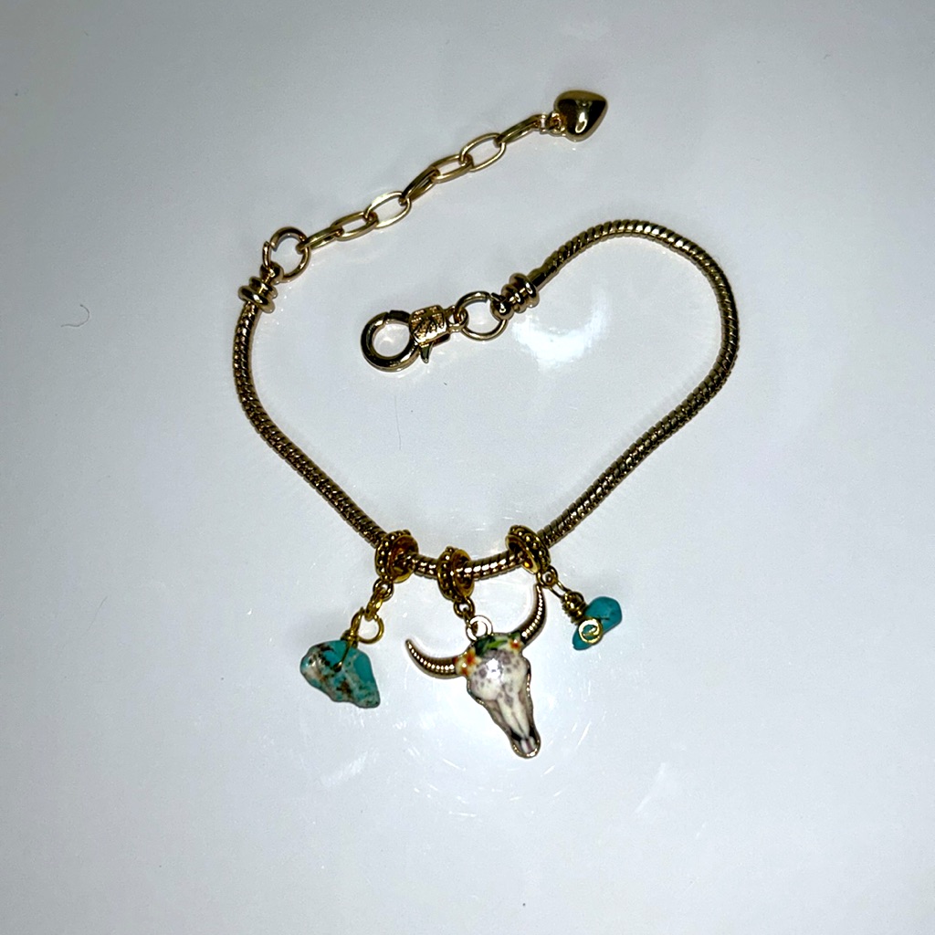 Hand Crafted Enamel Cow Skull 2 Genuine Turquoise Dangles Pandora Euro Bracelet 75$